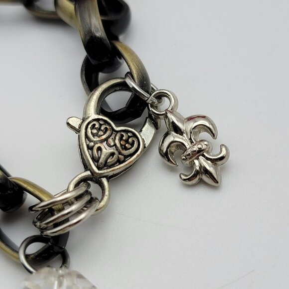 Vintage Charm Bracelet Brass And Silver Tone Key Faceted Glass 8" Adjustable - Picture 9 of 10